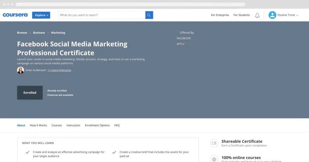 Facebook Social Media Marketing Professional Certificate Coursera