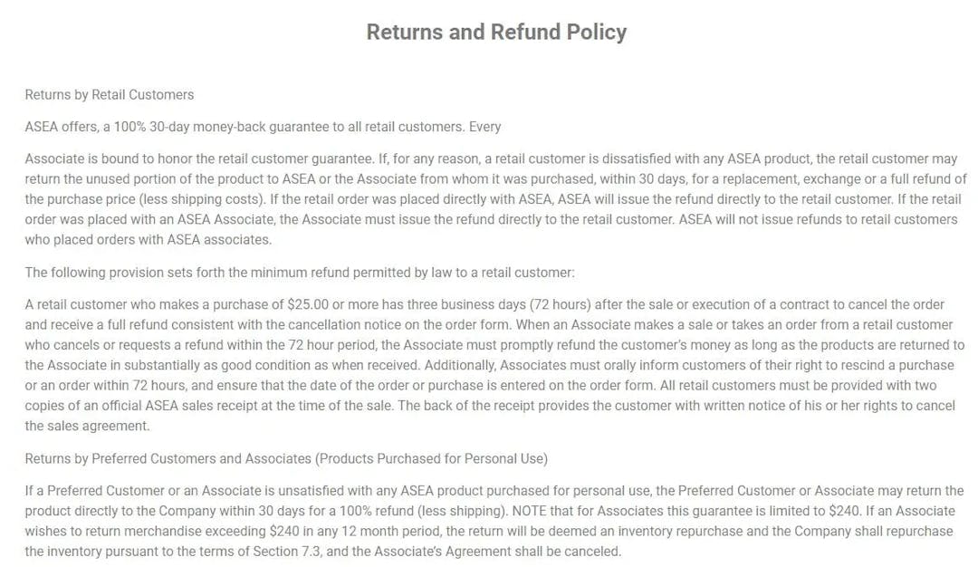asea refund policy