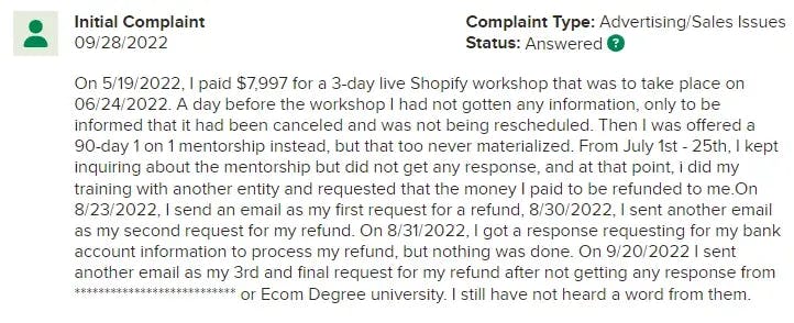 ecom degree university refund policy
