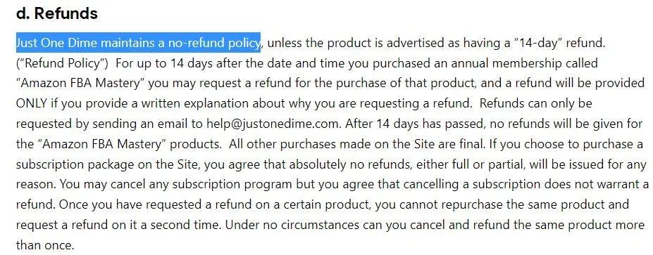 just one dime refund policy