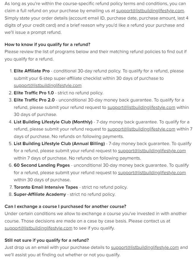 list building lifestyle refund policy
