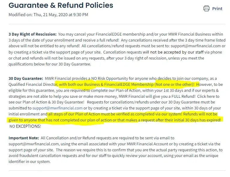 mwr financial refund policy