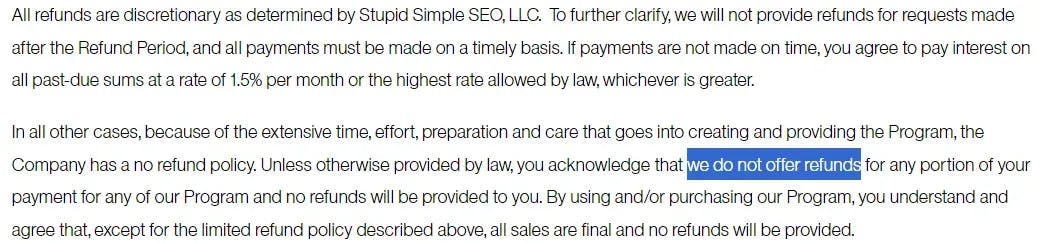 stupid simple seo refund policy